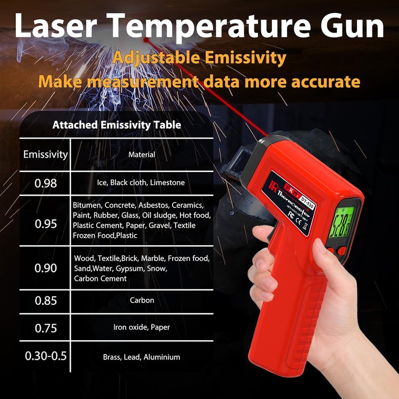FKM Laser Thermometer Gun Non-Contact Infrared Temperature Gun,-58°F~986°F(-50°C~530°C) AdjustableEmissivity,Digital Thermometer Gun for Industrial,Kitchen Cooking,Oven,Automotive,HVAC,Not for Human - Image 4